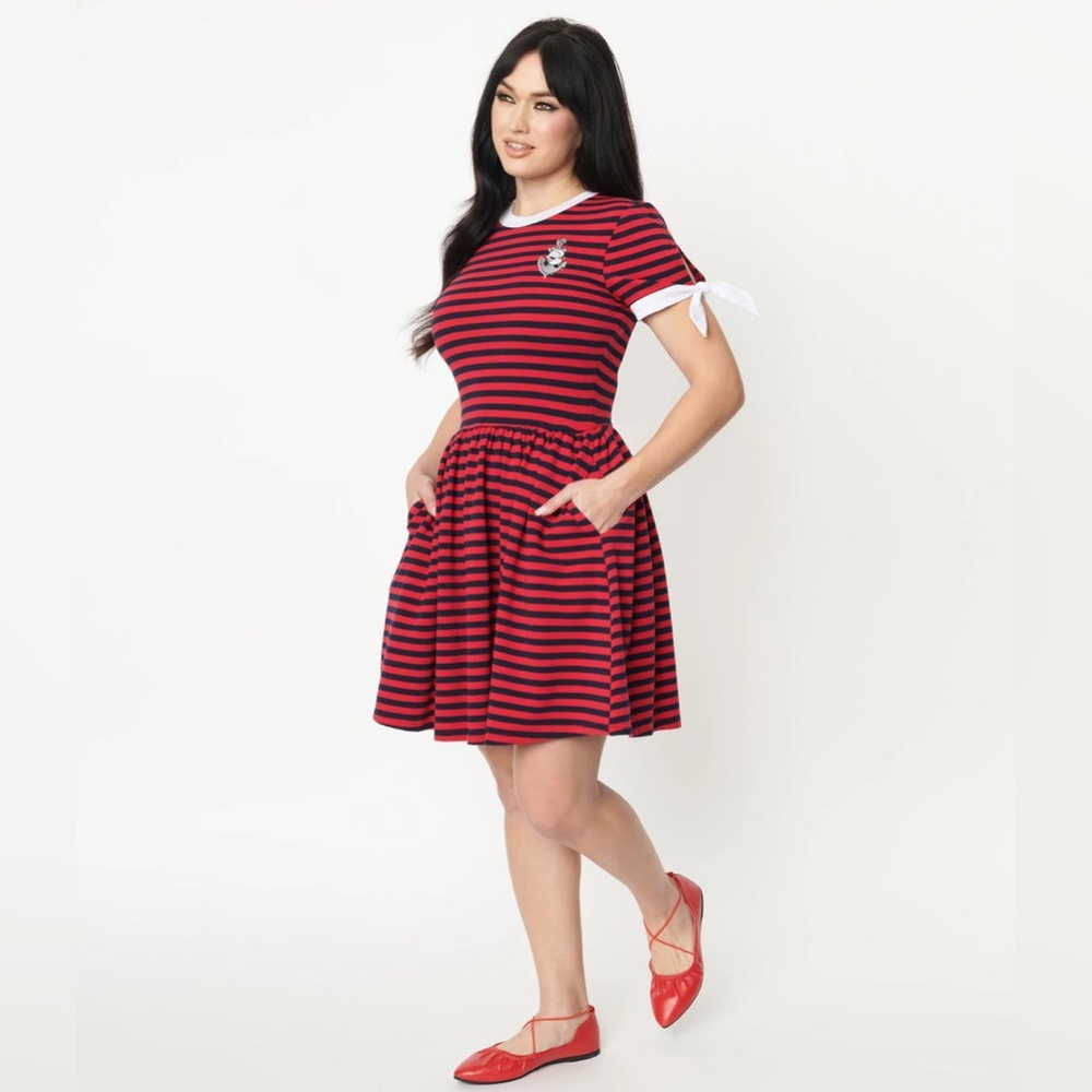 Unique Vintage x Popeye Red & Navy Popeye Stripe Flare Dress